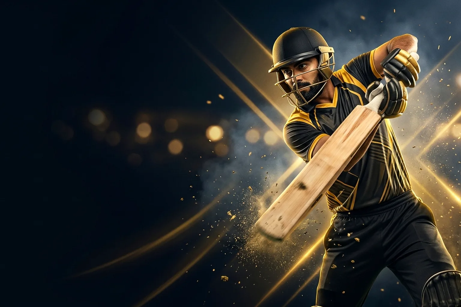 Cricketer in yellow-and-black kit mid-swing — play99exch free instant cricket id